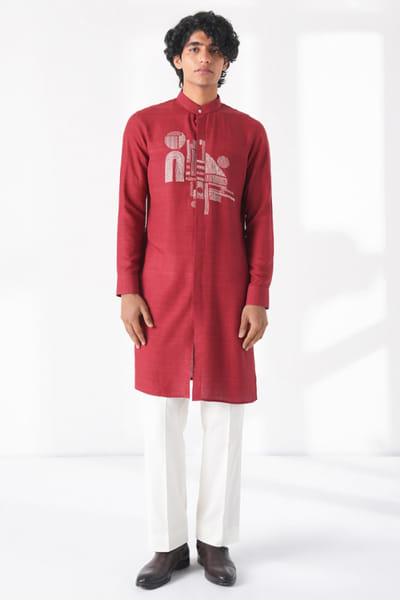 Red thread embroidered kurta set