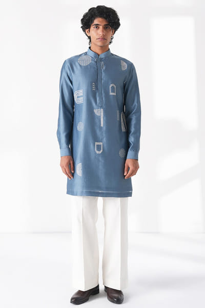 Storm blue motif embroidered short kurta