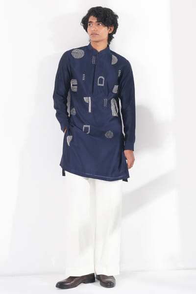 Navy motif embroidered short kurta