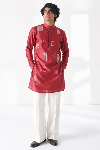 Earthy red motif embroidered short kurta