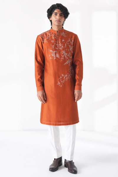 Burnt orange embroidered kurta set