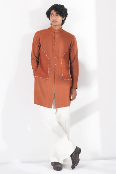 Burnt orange textured cotton silk kurta set