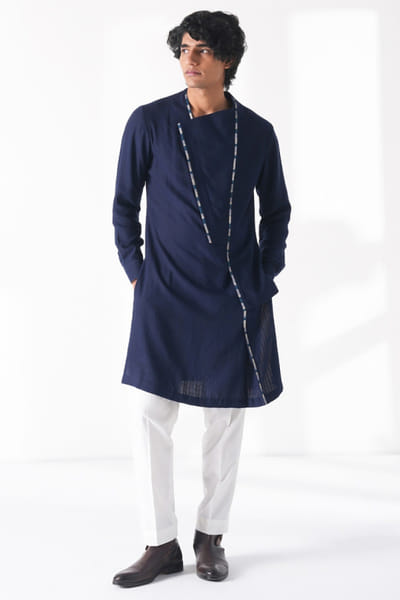 Navy textured cotton silk kurta set