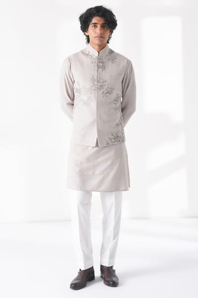 Grey embroidered silk Nehru jacket