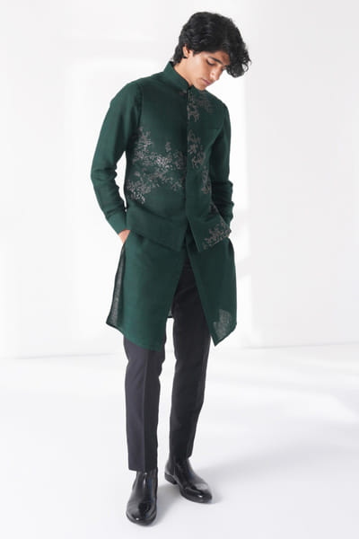 Bottle green embroidered silk Nehru jacket