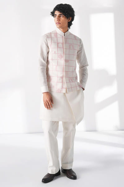 Ivory thread embroidered Nehru jacket