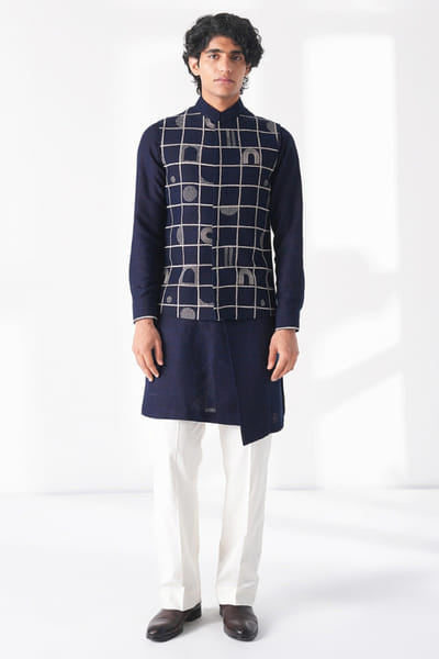Navy thread embroidered Nehru Jacket