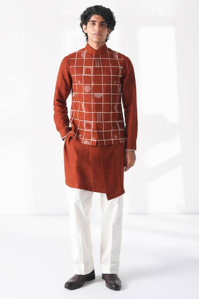 Burnt orange thread embroidered Nehru jacket