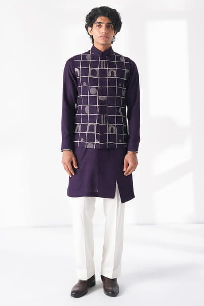 Midnight purple thread embroidered Nehru jacket