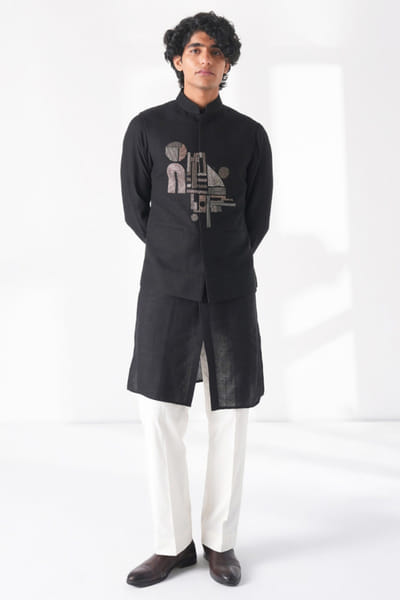 Black motif embroidered Nehru jacket