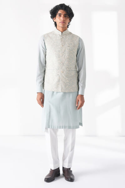 Powder blue embroidered silk Nehru jacket