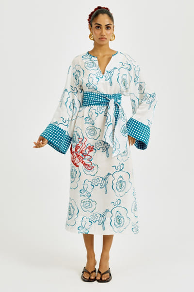 White handblock embroidered kaftan dress