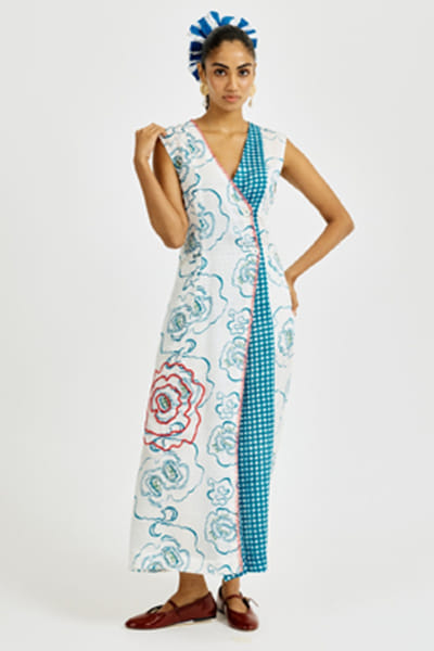White and blue printed wrap dress