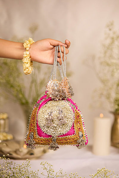 Rani pink gota patti-peacock ghungroo potli