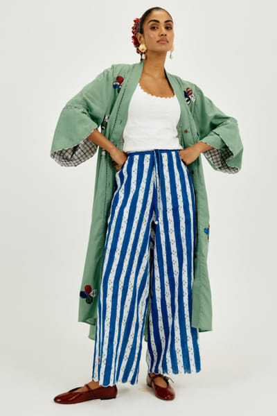 Blue and white striped wide-leg trousers