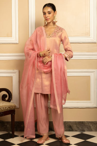 Pink zari and sequin embroidered kurta set