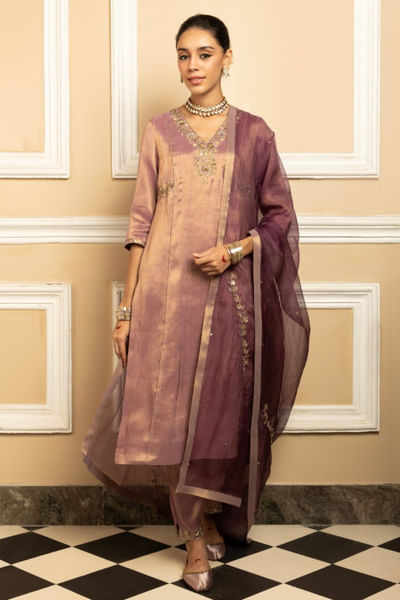 Purple zari embroidered kurta set