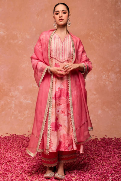 Pink gota embroidered A-line kurta set