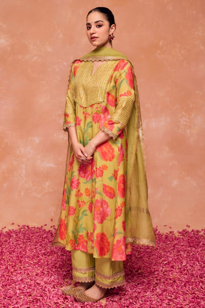 Green gota embroidered A-line kurta set