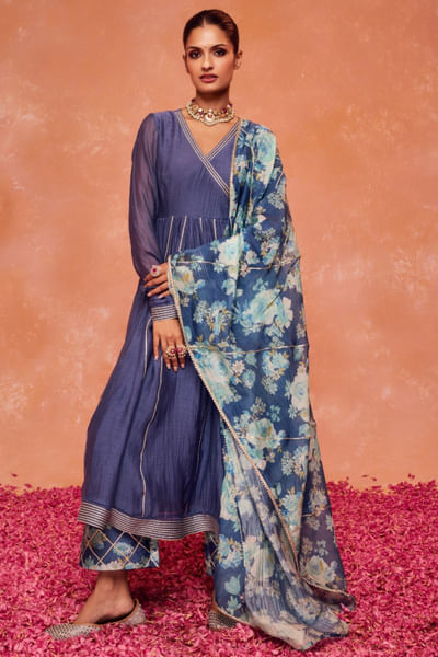Blue gota embroidered anarkali set
