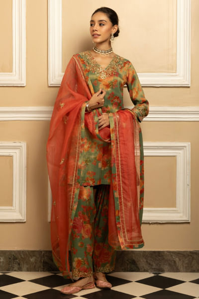 Green floral printed kurta set