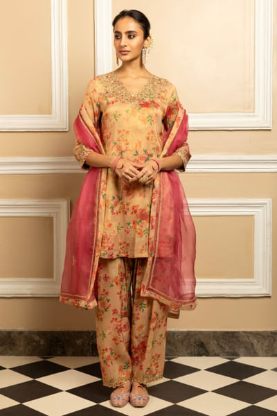 Beige floral printed kurta set
