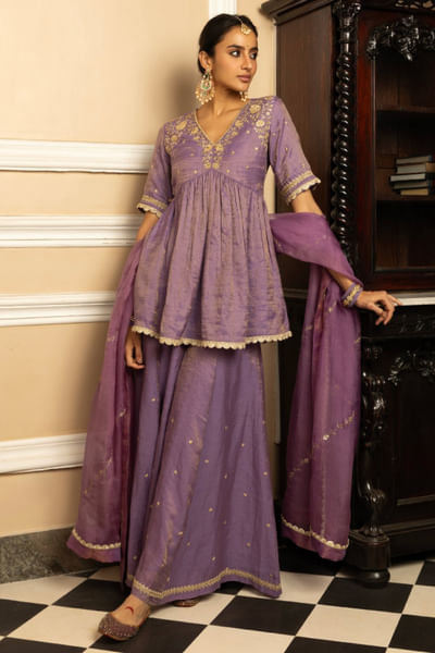Purple zari embroidered kurta sharara set