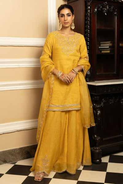 Yellow zari embroidered sharara set