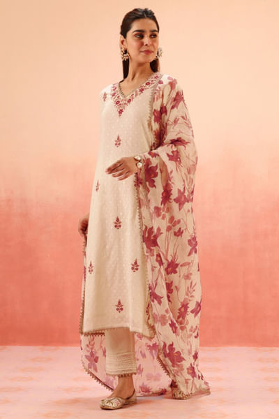 Beige aari embroidered kurta set