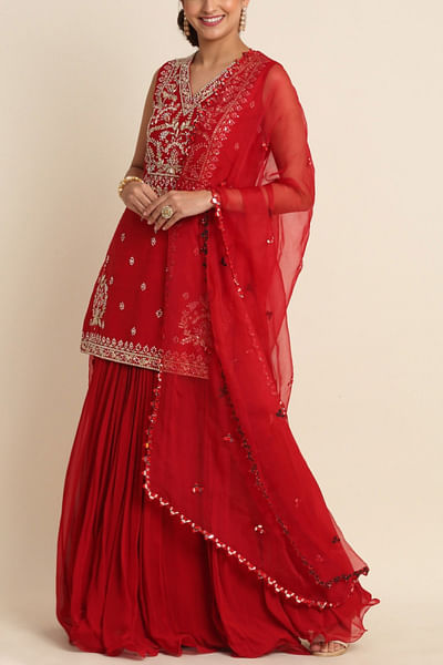 Red embroidered kurta and skirt set
