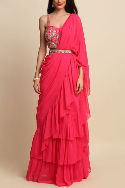 Fuchsia pink ruffle sari set