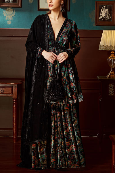 Black paisley print sharara set