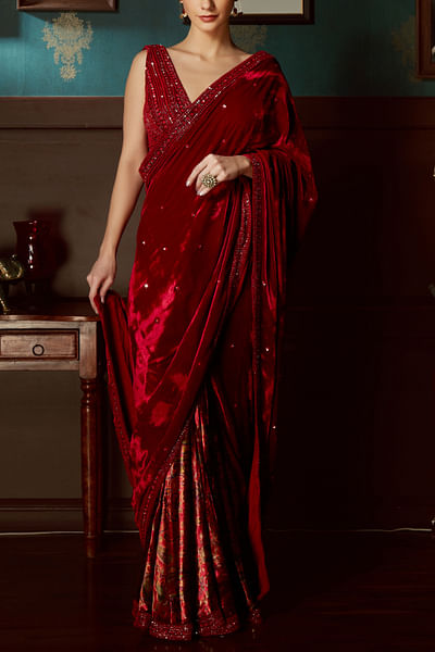 Red draped velvet sari set