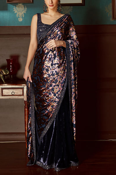 Midnight blue printed velvet sari set
