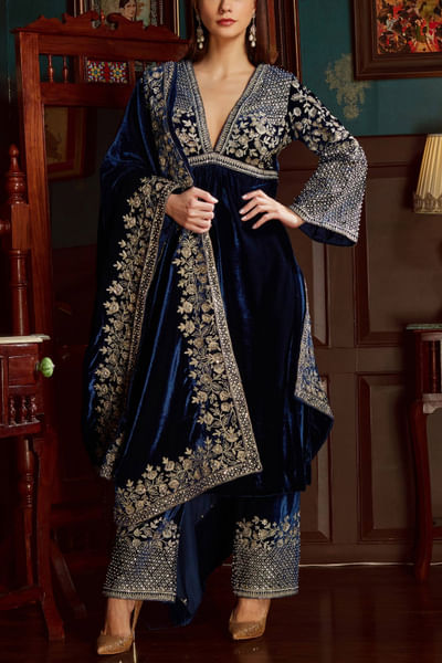 Midnight blue embroidered velvet kurta set
