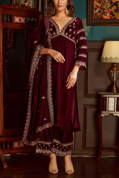 Wine embroidered velvet kurta set