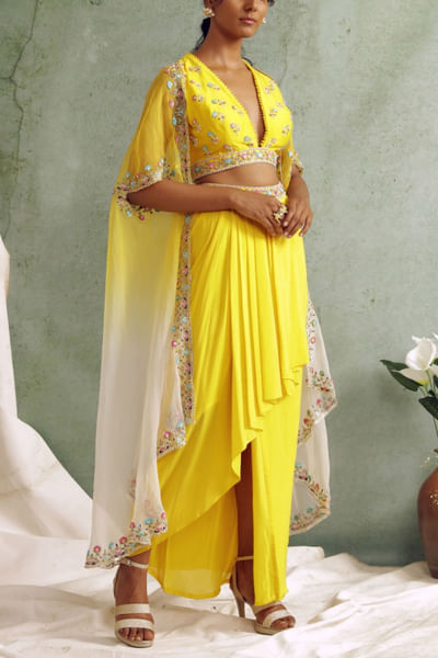 Yellow draped skirt and cape set