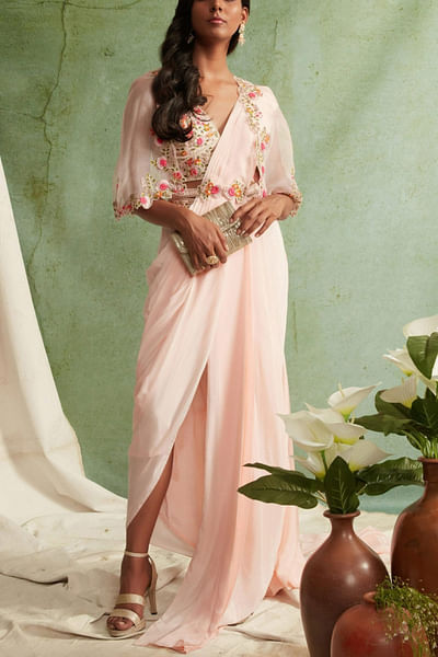 Blush pink pre-draped sari set