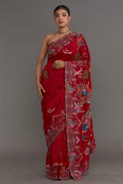 DAR-E-AAB Red printed embroidered sari set DAREJUN26D147359