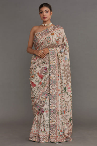 DAR-E-AAB Ivory printed embroidered sari set DAREJUN26D147361