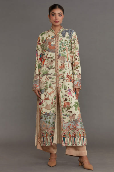 DAR-E-AAB Ivory printed and embroidered long kurta DAREMAY26D144654