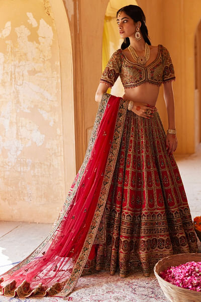 Red dori embroidered lehenga set