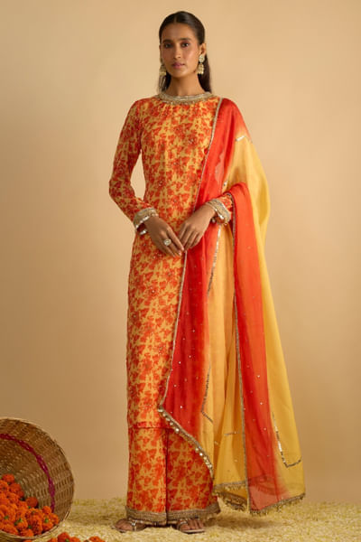Yellow and orange floral print kurta set
