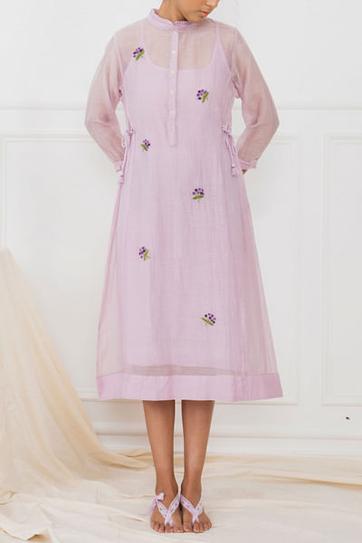 Lilac embroidered cotton silk dress