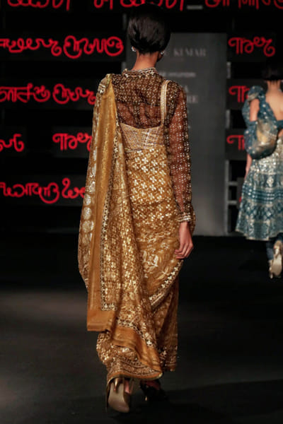 Ri Ritu Kumar Olive embroidered jamdani pre-draped sari set RIRIMAY26D145566