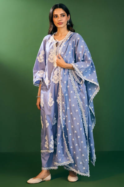 Steel blue lace embroidered kurta set