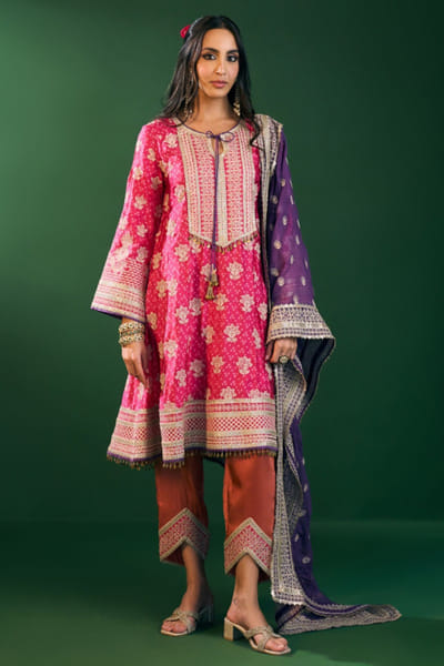 Fuchsia printed satin anarkali set