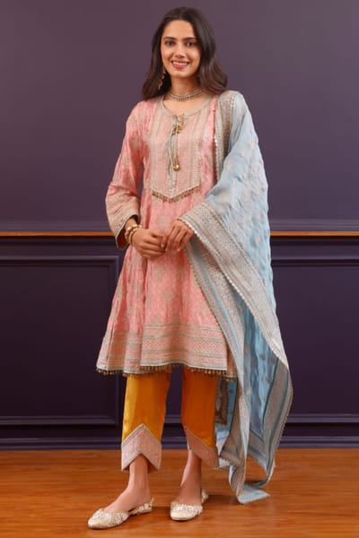 Pink printed satin anarkali set