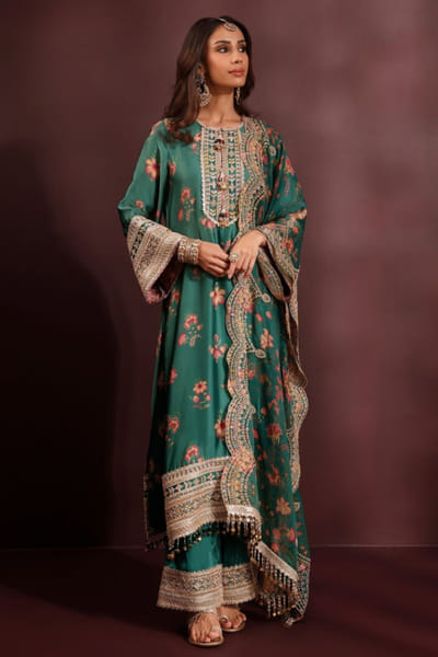 Emerald green printed kurta set