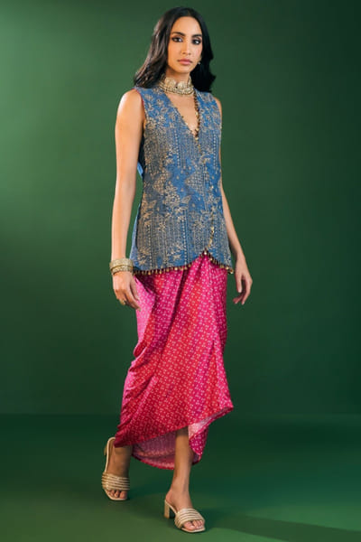 Denim and fuchsia printed jacket skirt set